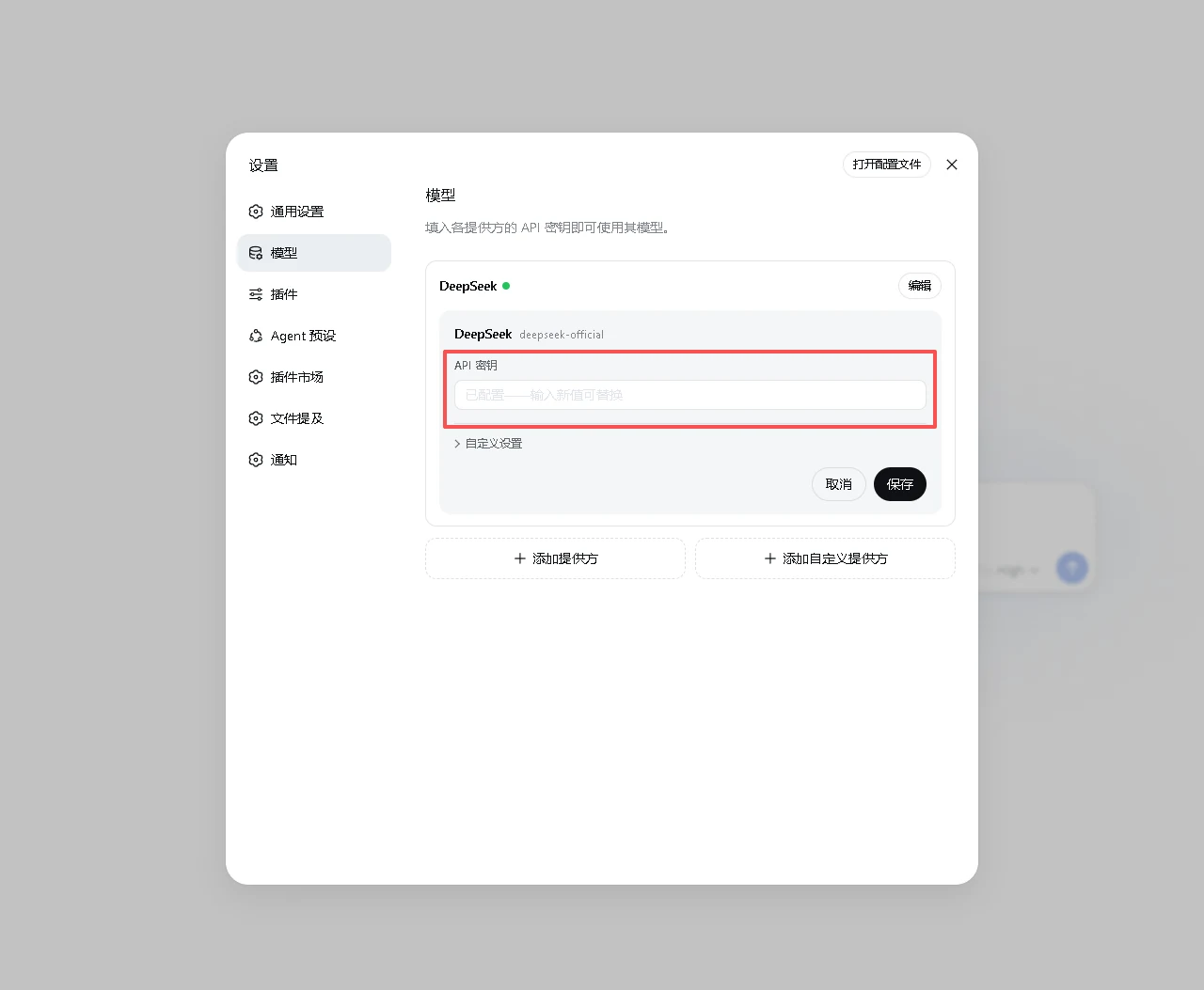 DeepSeek Harness 模型设置中的 DeepSeek API 密钥输入位置
